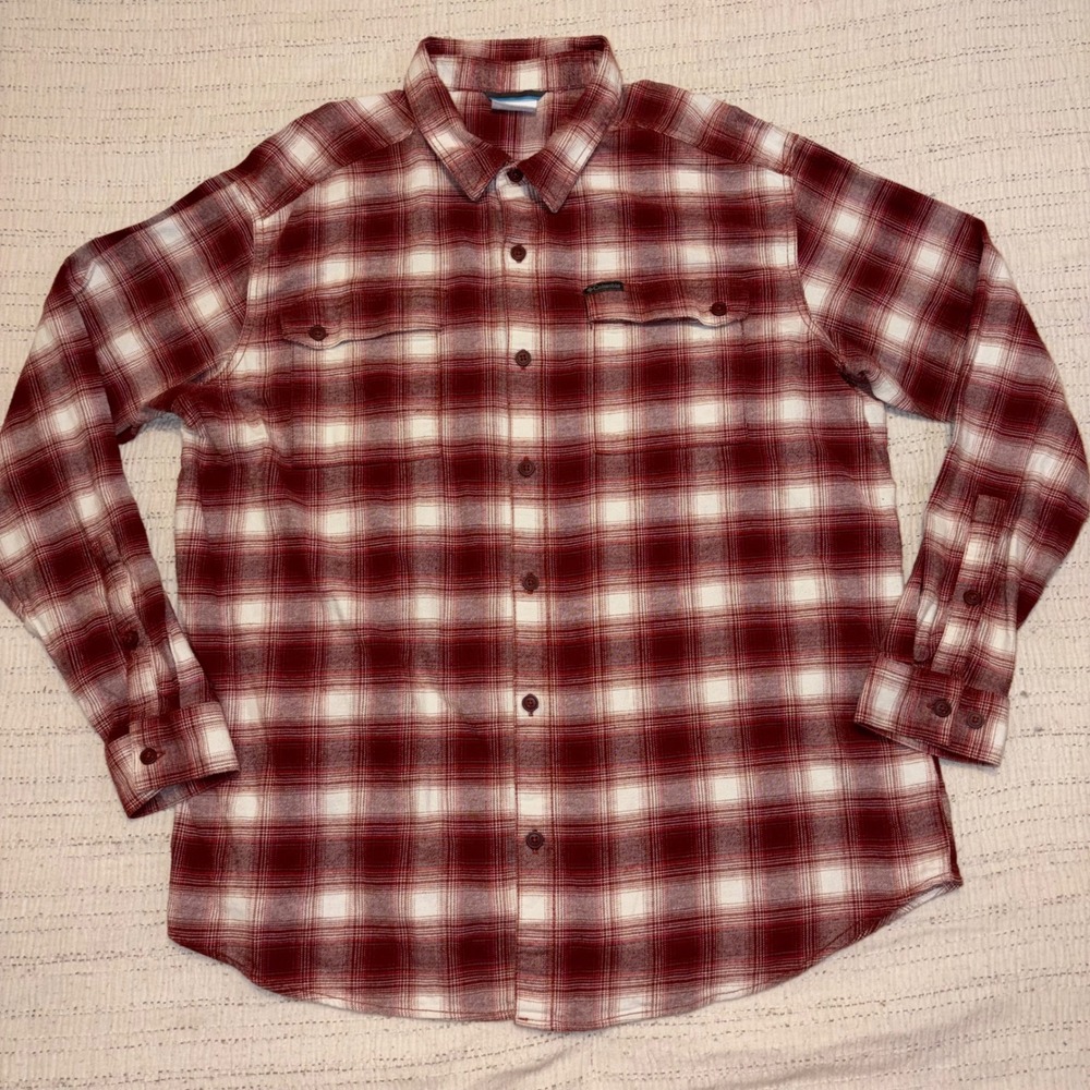 Columbia Mens XL Red White Plaid Flannel Long Sleeve Button Down Shirt‎ Outdoor